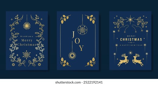 Vetor de design popular de cartão de convite de Natal de ouro de luxo. Baile de Natal, azevinho, folhas, floco de neve, quadro, rena no fundo azul-marinho. Ilustração de design para capa, impressão, cartaz, papel de parede.
