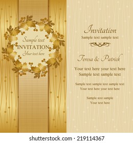 Christmas invitation card with holly wreath, gold and beige