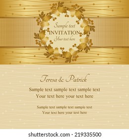 Christmas invitation card with holly wreath, gold and beige