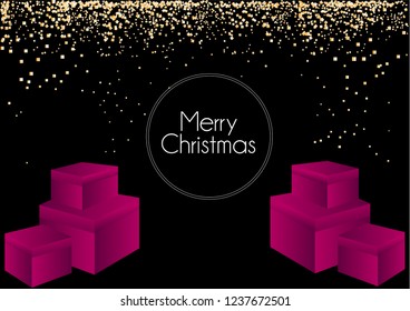 Christmas invitation card. Merry Christmas  greeting poster with pink boxes for gifts and gold glitters, festive confetti, space for text. Vector background.