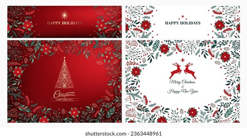 Christmas invitation card set of Christmas tree, reindeer, poinsettia, leaves, branches, berries, holly, star. Happy New Year symbol, ornate element for winter holidays. Decorative floral illustration