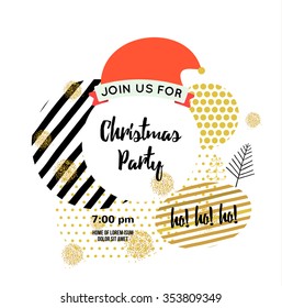 Christmas invitation card with Stylish gold Christmas elements, hat, different tree, stripe, snowflake. vector.