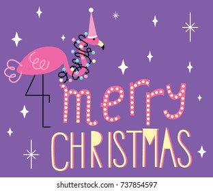 Christmas invitation card template. Cute winter holiday illustration with flamingo.