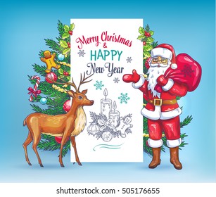 Christmas invitation card template. Hand drawn design elements with Santa Claus, reindeer, holly, tree in sketch style.