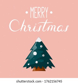 Christmas invitation card template with xmas tree, snow and lettering. Vector isolated border with festive fir and calligraphy. Holiday banner or poster for noel celebration.