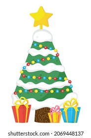 Vector de tarjeta de invitación de Navidad. Árbol de Navidad con ilustración de regalos. Diseño de celebración navideña.