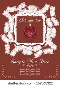 Christmas invitation card with white pine branch and ornate bauble