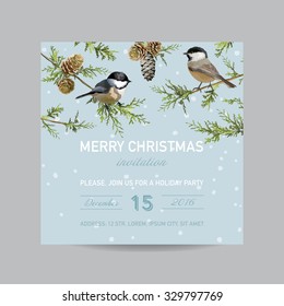 Christmas Invitation Card - Winter Birds in Watercolor Style - vector