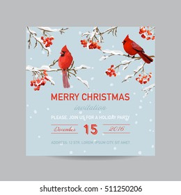 Christmas Invitation Card - Winter Birds and Berries in Watercolor Style - vector