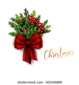 Christmas invitation card with winter bouquet of fir and holly branches big red bow and gold lettering 