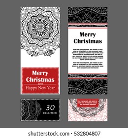 Christmas invitation cards for your design. Retro hand-drawn card with mandala. Vintage background with place for text. Can be used for invitation, banner, others cards.