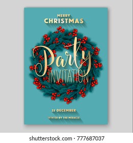Christmas invitation fir pine wreath red berry