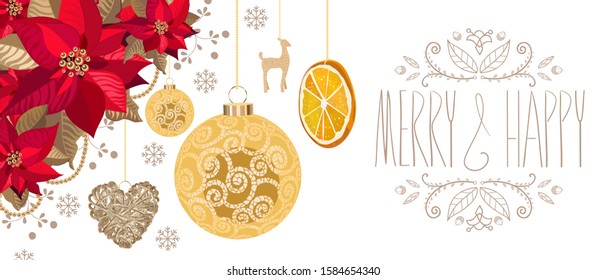 Christmas invitation with  glass  bauble, golden reindeer, bauble, hanging heart, snowflakes, red poinsettia and orange, New Year card, Christmas lettering, vector design.
