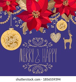 Christmas invitation with a glass  bauble, hanging wooden heart, gold reindeer and red poinsettia, New Year card, vector design.
