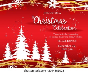Christmas invitation or greeting card, silhouettes of Christmas trees on a red background
