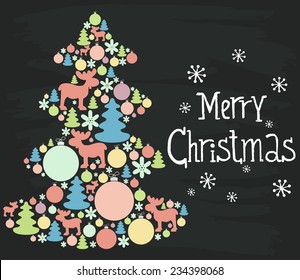 Christmas invitation or greeting card template with fir tree made of different elements and hand drawn lettering. Cute winter poster on chalkboard background.