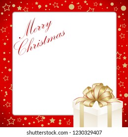 Christmas Invitation, Greeting or Gift card. Red frame  with gift box with golden bow.  Template with  place for text.