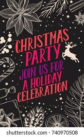 Christmas invitation for holiday party. Design template with xmas hand-drawn graphic illustrations.