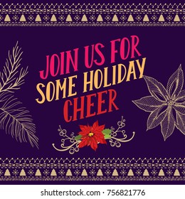 Christmas invitation for holiday party. Design template with xmas hand-drawn graphic illustrations.