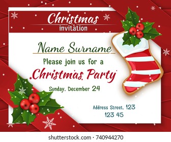Christmas Invitation with holly and satin ribbons.