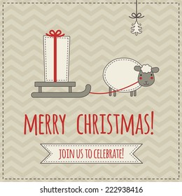 Christmas invitation.  Illustration of sheep with sleigh on chevron background. For xmas party, save the date card etc.