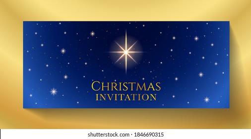 Christmas Invitation (Merry Christmas holiday invite). Holy night vector illustration. Night sky with Christmas star and starry dark blue sky