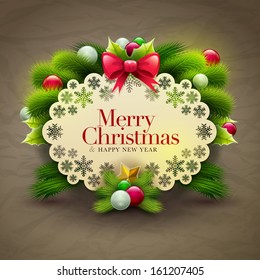Christmas invitation message card with ornaments. Vector design template.