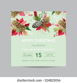 Christmas Invitation Pine and Poinsettia Card. Winter Background in Watercolor Style. Vector