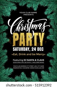 Christmas Invitation Poster Welcome Text Template. Party 24 December Holiday Celebration Entertainment Disco Club Event Placard. Vector Design Of Pine, Fir, Spruce Branches