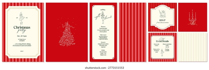 Christmas invitation set inspired by Nutcracker story with ballet dancer, nutcracker soldier and mouse king illustrations. Red striped vintage background with elegant frames and classic typography. Includes invitation, menu, RSVP and event details cards. Suitable for holiday events and print stationery.
