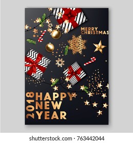Christmas invitation snowflake gold gift box