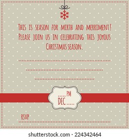 Christmas invitation, template.  Illustration of christmas decoration on polka dot background. For xmas party, save the date card etc.