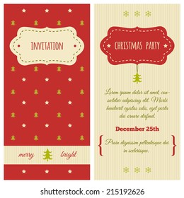 Christmas Invitation. Traditional Red And Green Colors. Vintage Frames, Christmas Tree And Snowflakes. For Xmas Party, Save The Date Card Etc.