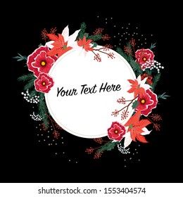 Christmas invitation vector. Background decoration design of flowers , botanical and snowflake with Text for happy celebrate seasonal and all graphic type on black.