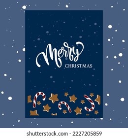 Christmas invitation with vector pattern with candy cane and gingerbread cookies. Template for invitation, card, banner, social media, poster, menu, cover