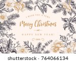 Christmas invitation in vintage style. Vector frame with holly, fir, mistletoe, hellebore. botanical illustration. Black and white.