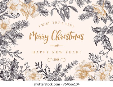 Christmas invitation in vintage style  Vector frame and holly  fir  mistletoe  hellebore  botanical illustration  Black   white 
