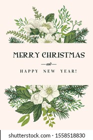 Christmas invitation with winter plants, berries and hellebore flowers.