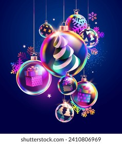 Christmas iridescent balls with colorful gift boxes and tree. 3D New year decoration. Festive holiday background. Not generated by AI.