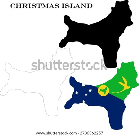 Christmas Island Country Maps Bundle with National Flag, Black Silhouette and Detailed Outline Contours