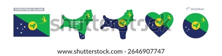 christmas island flag and map set. christmas island flag in official colors and proportions. independence day 1 october , map, circle and heart shaped christmas island