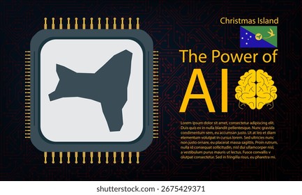 christmas Island map with microchip war and AI concept on circuit board, Power of AI with country map. Global connectivity with big data. Design for UI backgrounds or FinTech projects.