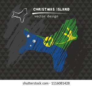 Christmas Island national vector map with sketch chalk flag. Sketch chalk hand drawn illustration