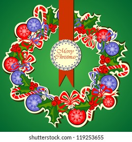 Christmas Isolated Advent Wreath on Green Background, Vector Illustration of Advent Crown