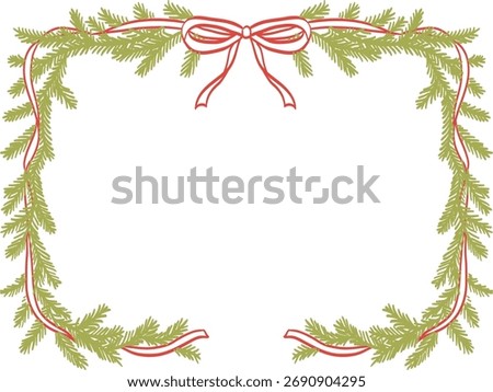 Christmas isolated border with fir tree branches, red bow, ribbon in vintage whimsical doodle style for poster, placards, invitations. Christmas or New Year design holiday frame vector illustration.