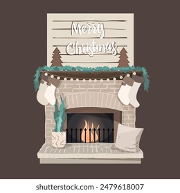 the christmas isolated  comfortable beige fireplace from light color bricks on the brown background for cards, posters, prints, xmas decorations, backgrounds