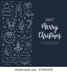 Christmas isolated concept, flyer, card with traditional attributes in line style with white hand lettering inscription. Modern lettering. Flat design from linear icons. Vector illustration