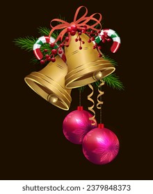 Christmas isolated design element with golden shiny bells.
