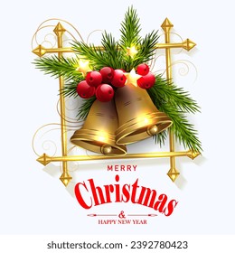 Christmas isolated design element with golden bells in frame.