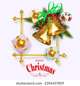Weihnachten einzeln Design-Element, goldene Glocke mit Kisten in quadratischem Rahmen.